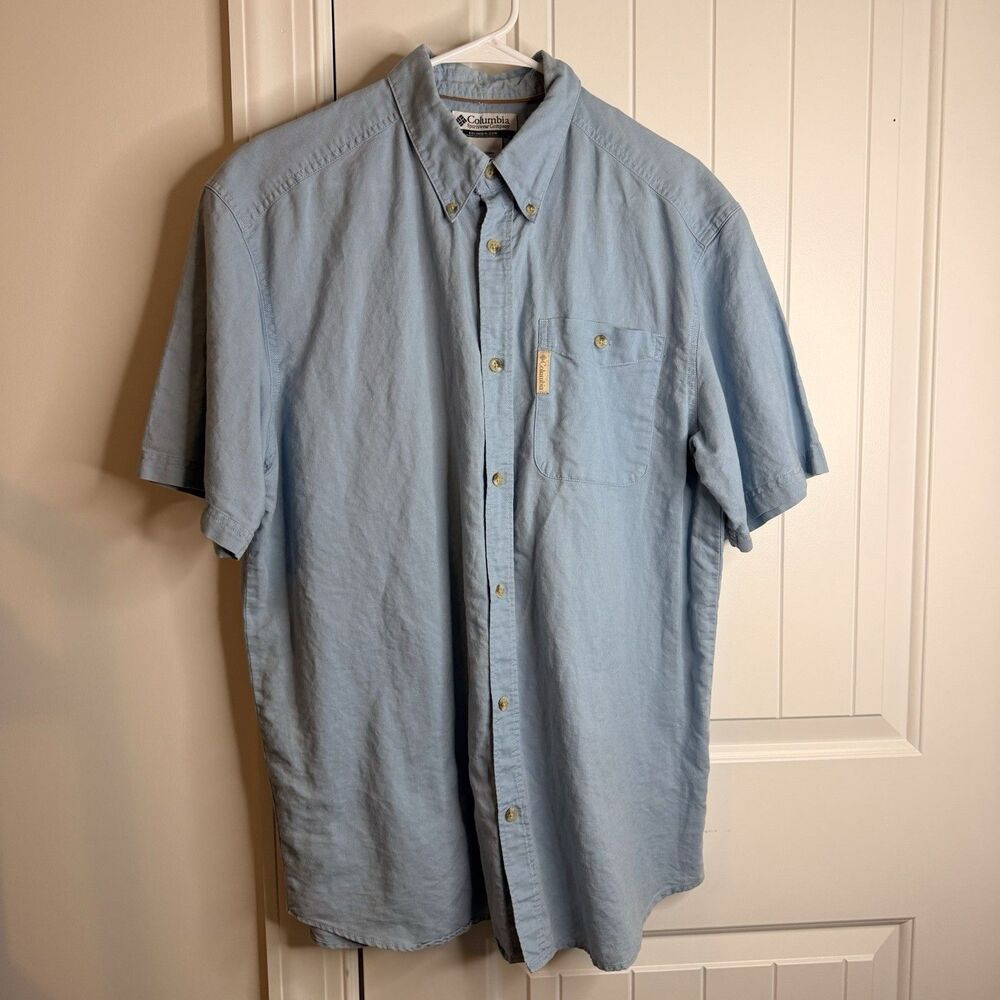 Columbia Mens L Ramie Cotton Shirt Blue Short Sleeve Button Down Outdoor Vintage